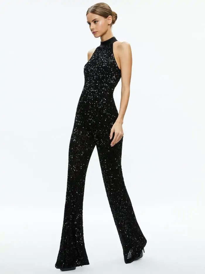 CATALINE SEQUIN HIGH NECK WIDE LEG JUMPSUIT